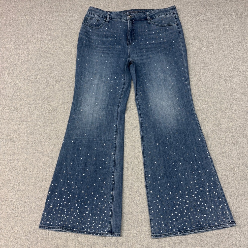 Chico's So Slimming Girlfriend Flare Jeans Size 14R 2.5 Blue Rhinestone Denim